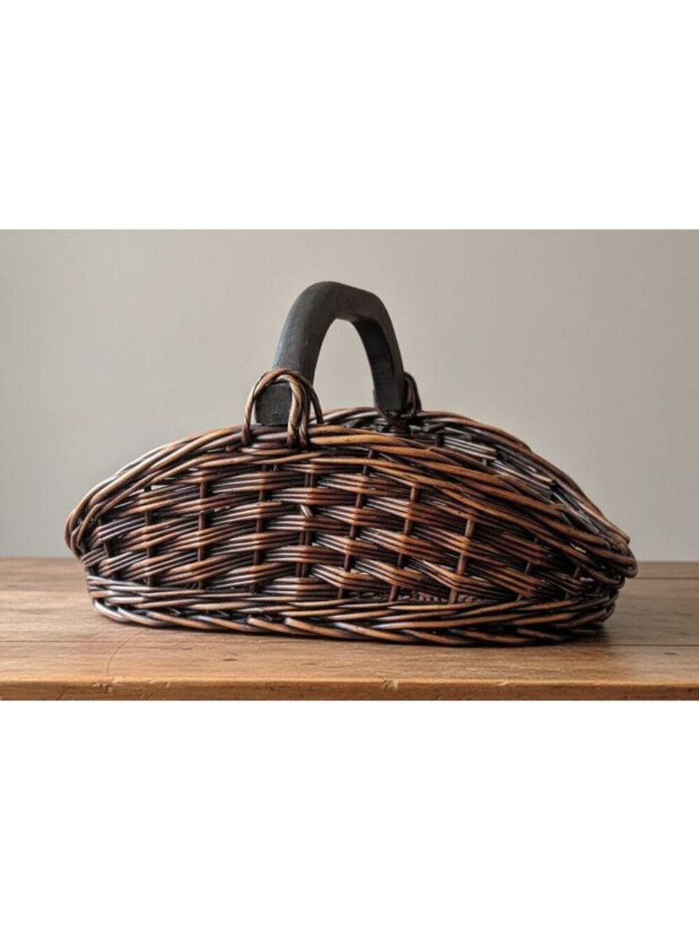 Vintage Rustic Country Dark Brown Wicker Gathering Basket w Arched Wooden Handle